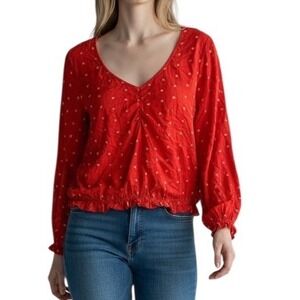 American Eagle Red Floral V-Neck Peplum Blouse XL Long Sleeve Ruffle Top Boho